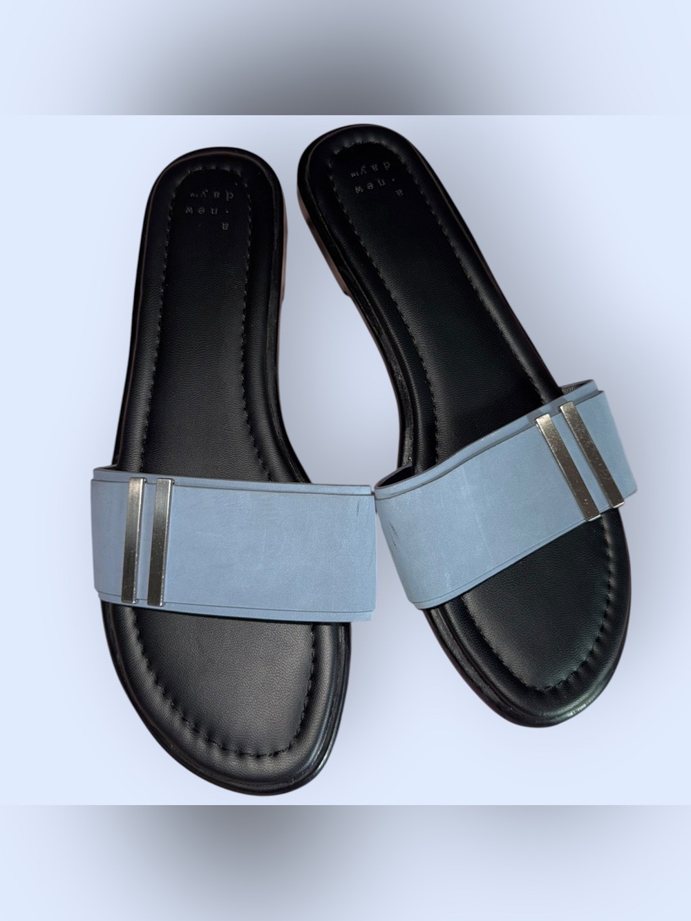 A New Day Black Slide Sandals with Light Blue Strap and Silver Accents